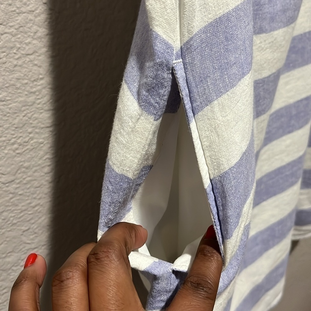 Beach Lunch Lounge Leandrina Blue Striped Linen Cotton Dress Pockets Sz S TC0295 - Picture 3 of 11